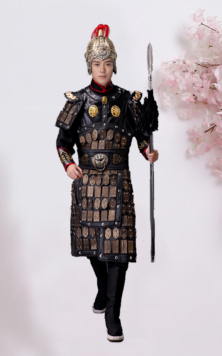 锁子甲古装男款古代盔甲将军大帅大将戏服岳飞演出服装金色铠甲披风