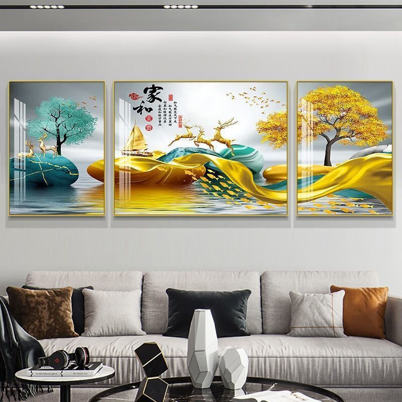 米囹客厅装饰画大气山水画晶瓷镶钻三联画沙发背景墙挂画现代简约壁画