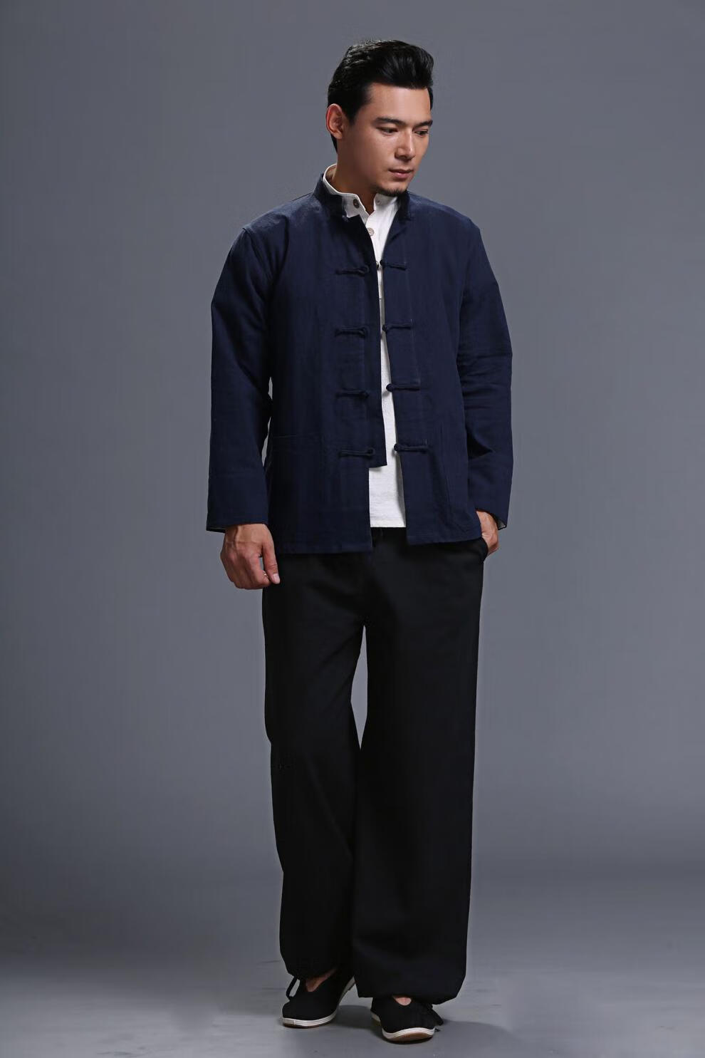 新中式服装男装秋中老年长袖白色打底衫唐装男士衬衫爷爷装上衣爸爸装