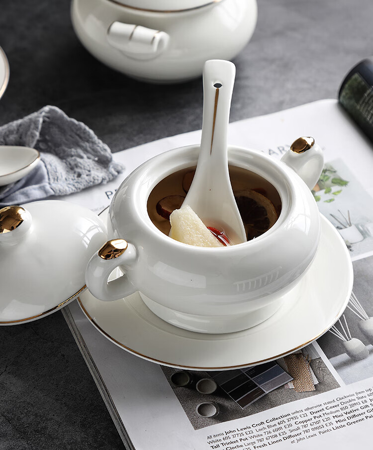 位上汤盅燕窝炖盅碗陶瓷位上汤盅带盖金边商用甜品罐餐厅小号隔水炖汤