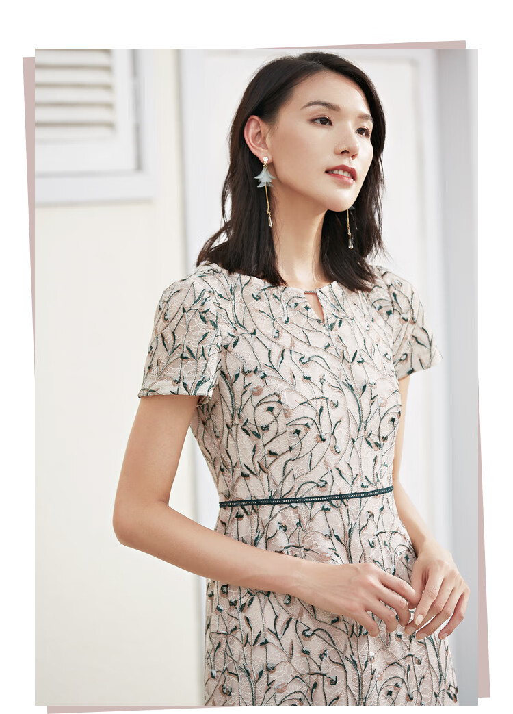 娜尔思连衣裙气质女神范衣服夏季a字裙刺绣蕾丝a字裙淡橙红色38m