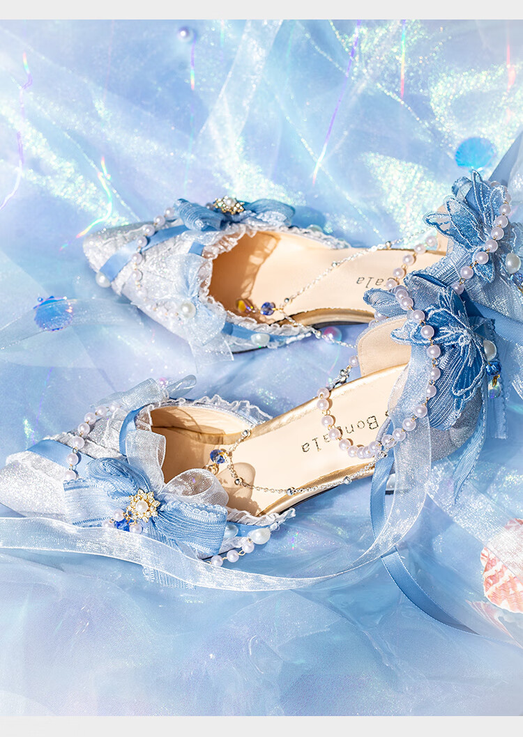 洛丽塔鞋子法式少女lolita高跟鞋lo鞋花嫁洛丽塔沉汐细闪尖头高跟鞋深