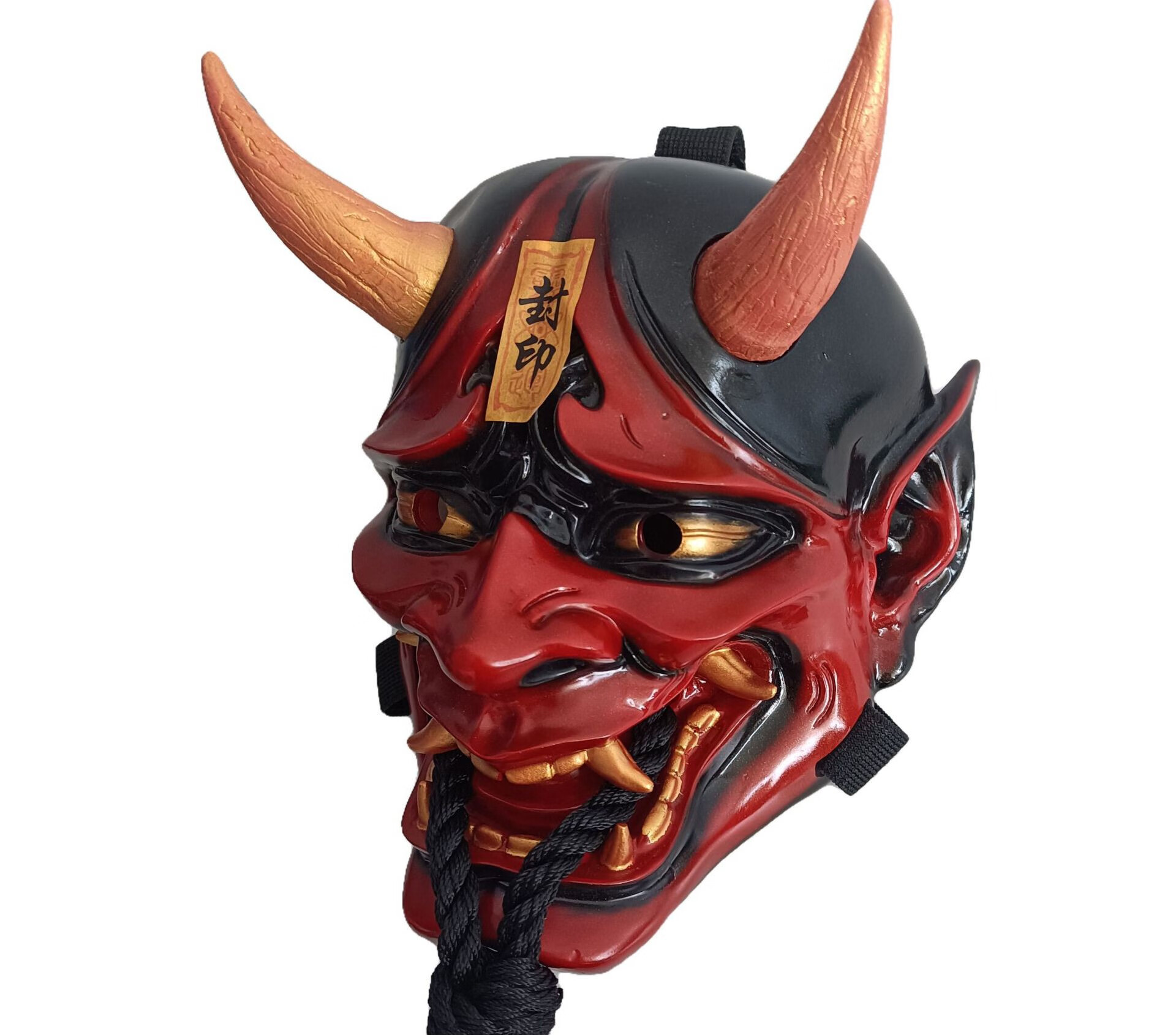 封印赤般若面具般若cosplay日系能面罩牛魔王红面鬼脸带绳牛角 红色