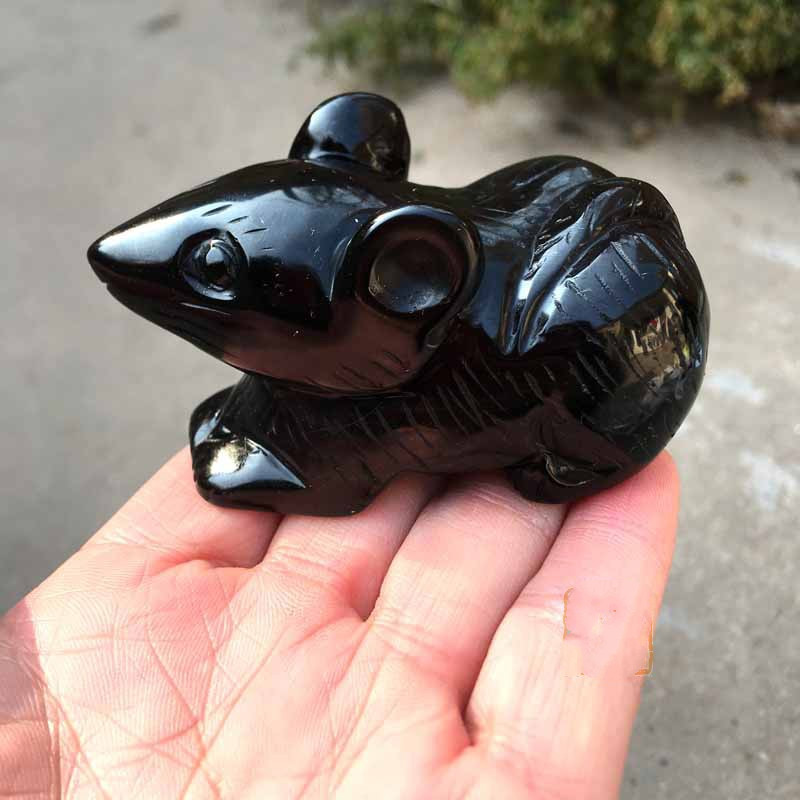 天然黑曜石老鼠摆件 手工雕刻黑水晶老鼠手把件 6厘米【图片 价格