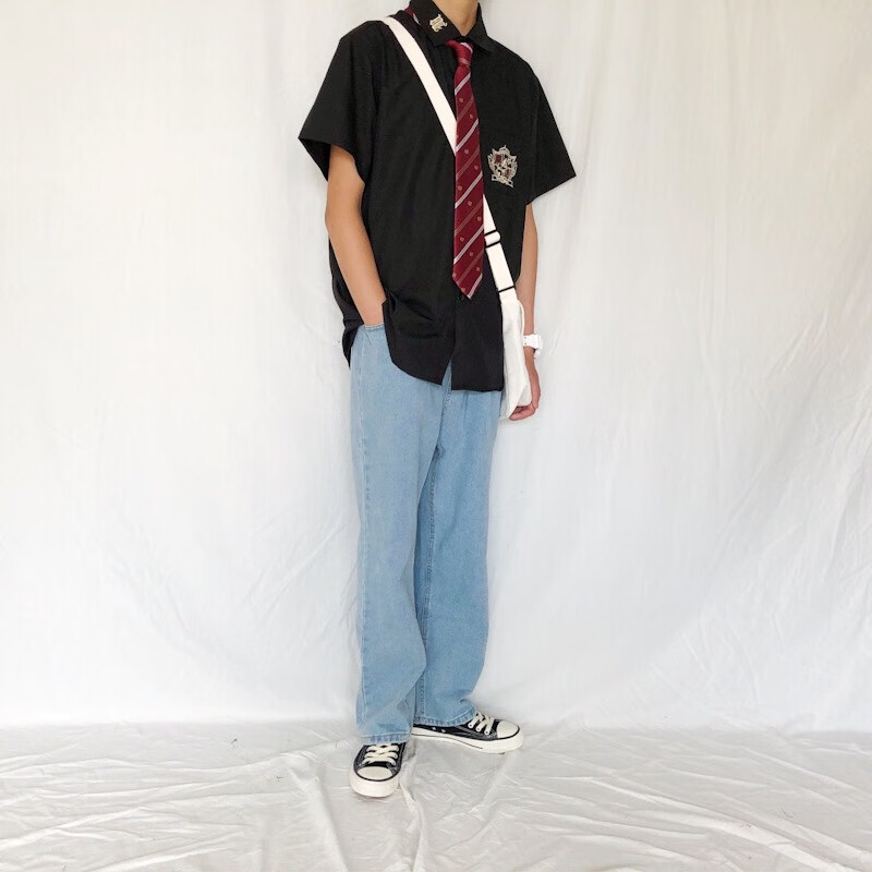 jk衬衫男季dk制服上衣百搭宽松学生学院风衬衣班服蓝色搭配的牛仔裤s