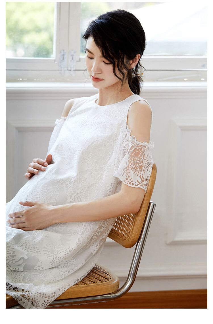 十月妈咪孕妇装连衣裙夏季仙女裙时尚露肩蕾丝孕期外穿孕妇裙夏本白l