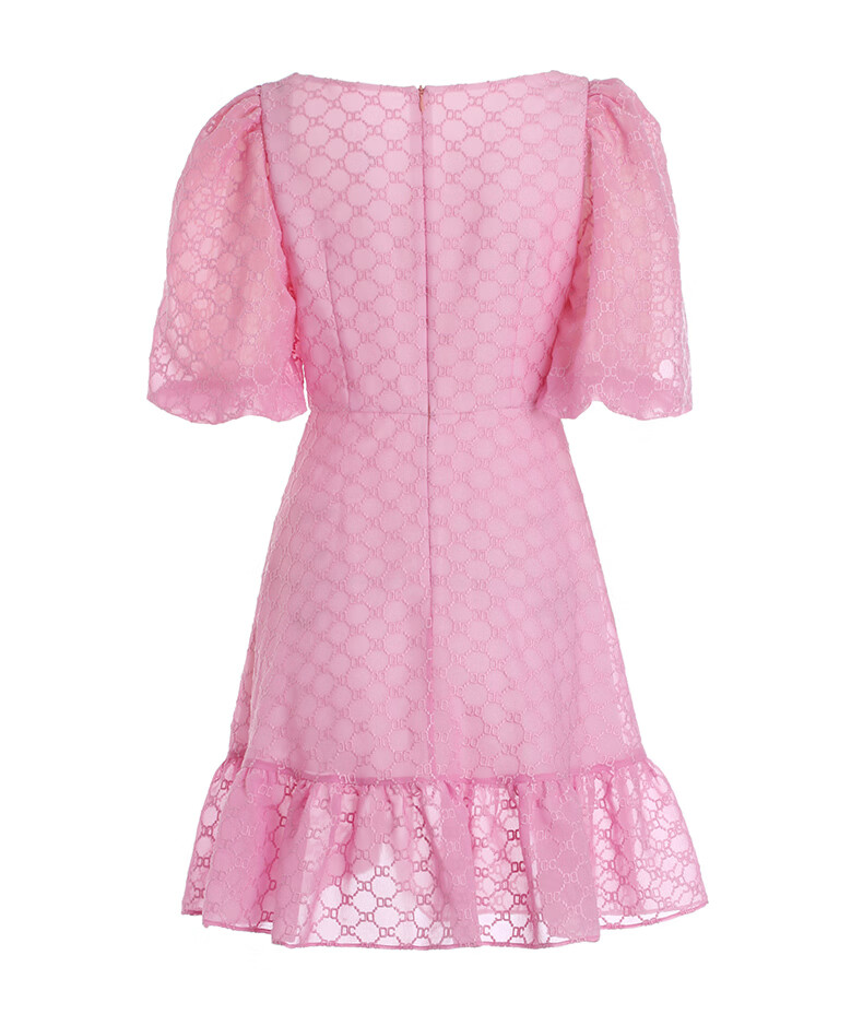 ochirly欧时力刺绣花边灯笼袖a字连衣裙 玫红130 xs【图片 价格 品牌