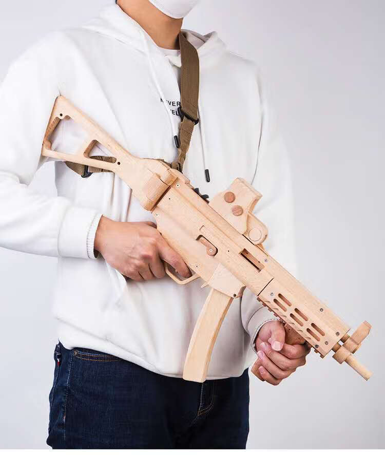 mp5冲锋抢实木制作皮筋枪可连发 儿童玩具木枪 橡木战术款 配皮筋及8