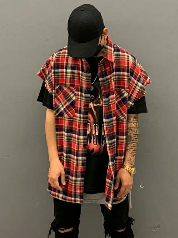 满璇美式复古fog比伯侃爷同款高街侧开拉链oversize无袖坎肩格子衬衫