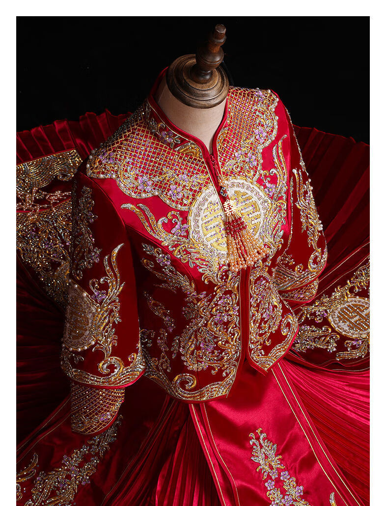 新娘凤冠霞帔结婚敬酒服嫁衣龙凤褂旗袍裙春季华喜加钻版xs建议85斤内