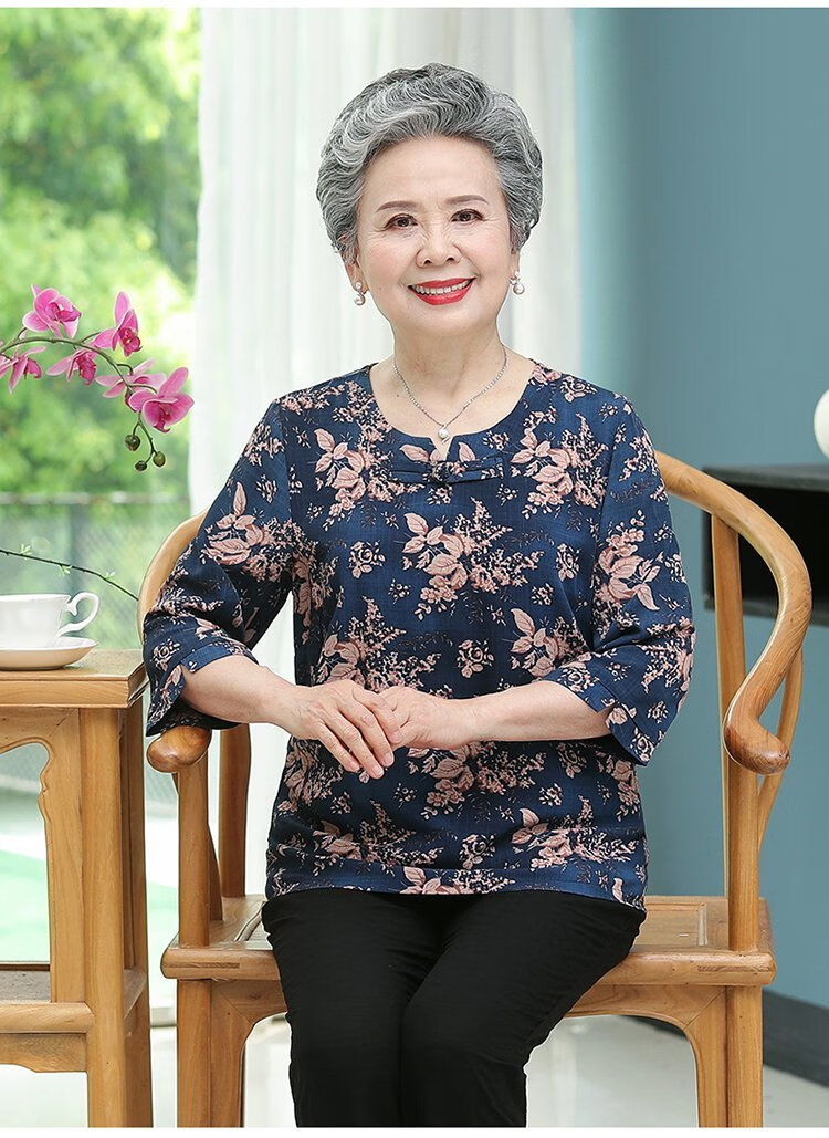 老奶奶夏装棉麻中袖老人家衣服女夏天中老年女装套装6070岁80妈妈t恤