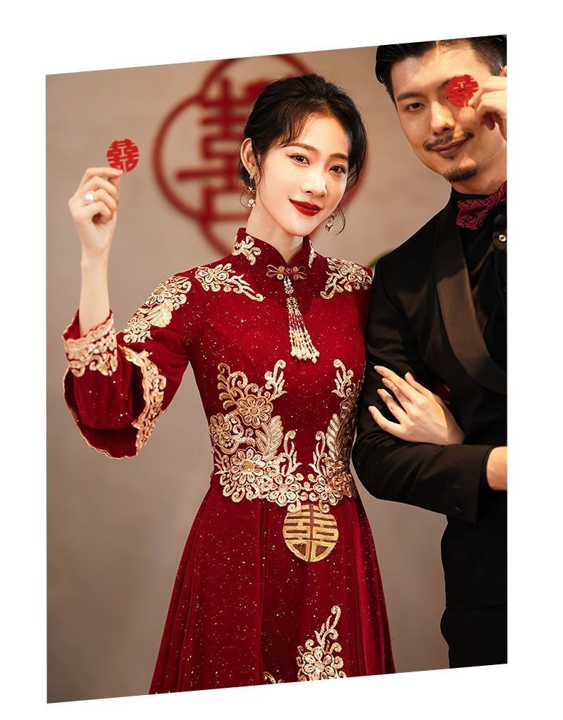 婚服女款中式敬酒服秋冬新娘结婚订婚回门长款立领宴会秀禾礼服女酒