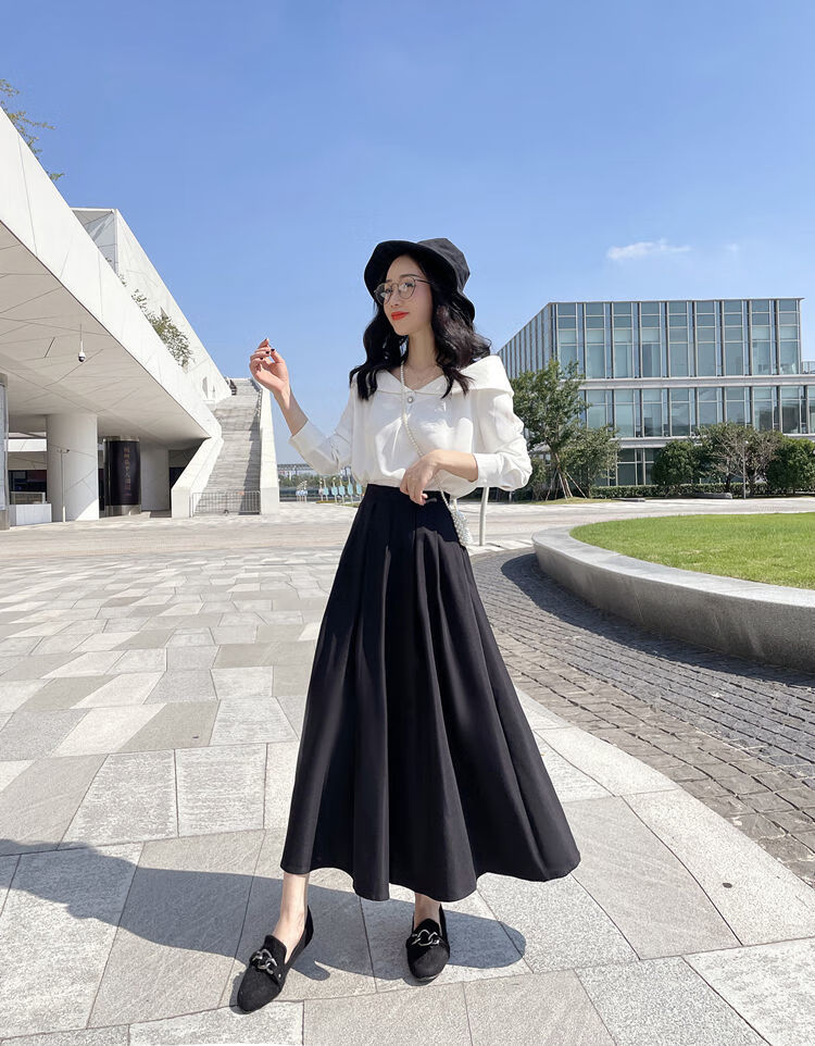 半身裙女2022新品法式复古2022春新款赫本风伞裙女高腰显瘦字百皱半身