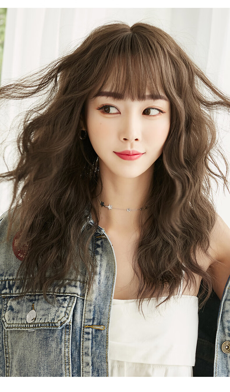 唐妮 假发女长发羊毛卷齐刘海雾霾蓝自然全头锁骨发网红新式发套 雾霾