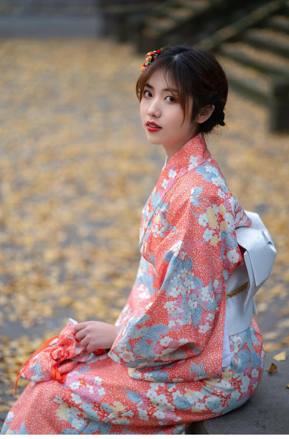 和服女正装樱花日本粉橘色浴衣传统怀旧风成人约拍可爱和风cos 粉橘色