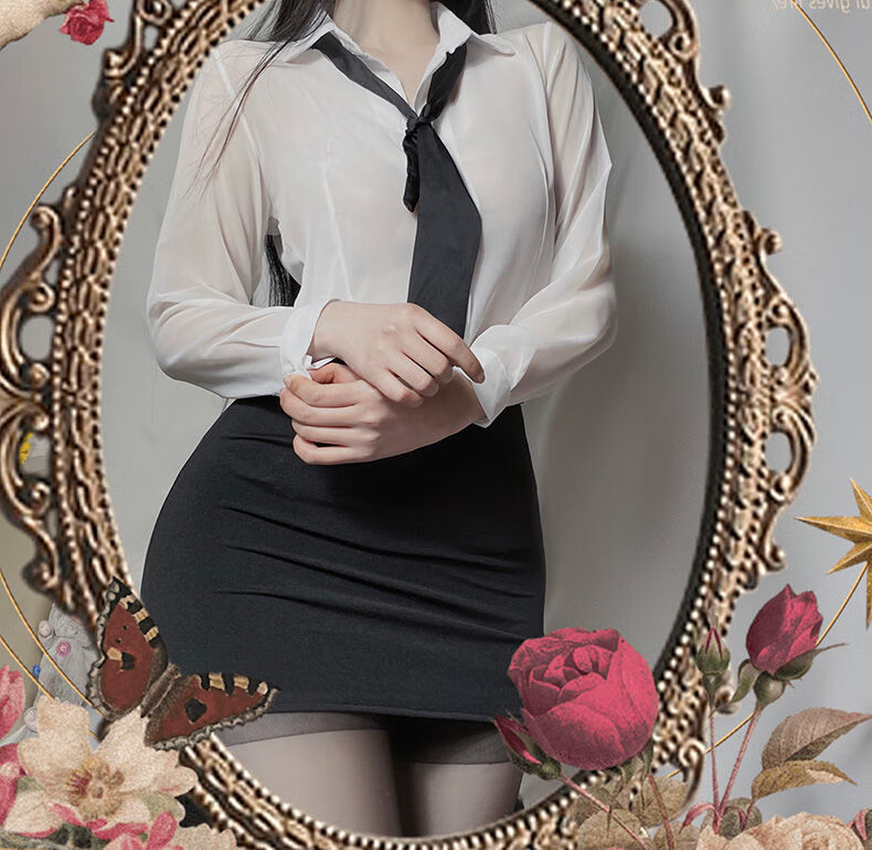 ol制服i诱惑教师套装透i视套装三件套女装上衣包臀裙领带t裤肉色丝袜