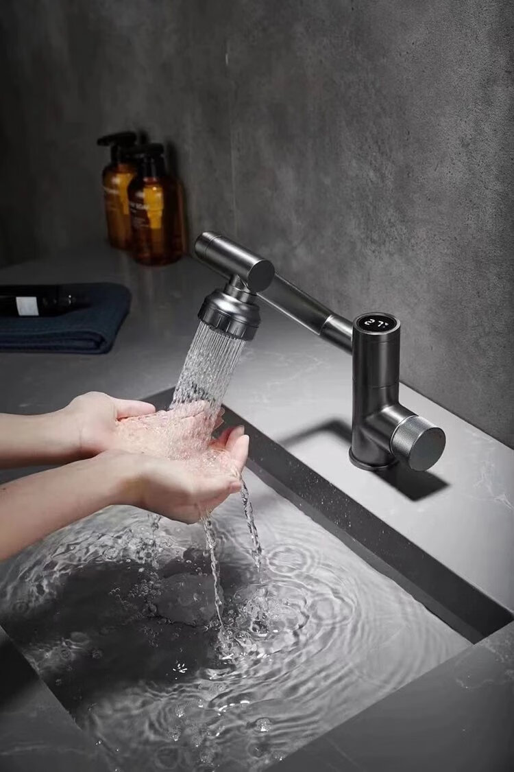 汉斯格雅(hansgrohe)水龙头全铜数显面盆台下盆单孔冷热枪灰色万向