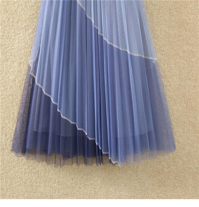 渐变色中长款网纱半身裙女春季拼色百褶裙子a字裙大摆仙女裙纱裙蓝色