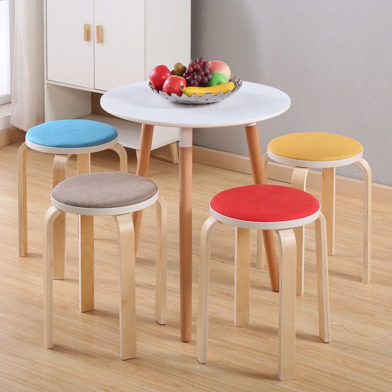 简约实木凳子创意小圆凳现代家用椅子高凳布艺餐桌凳塑料凳子 a款白腿