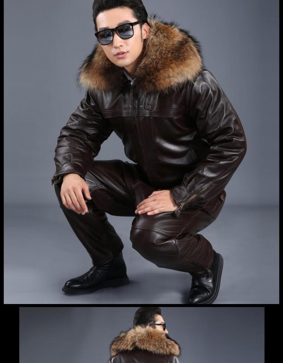 真皮机车皮衣牛皮皮裤套装飞行员皮夹克男加棉棒球服 栗色 xl