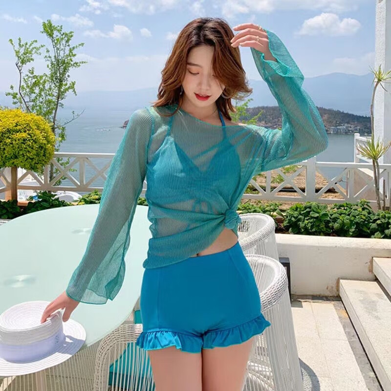 纸色挂脖露背泳衣女夏分体三件套小胸聚拢微胖性感辣妹小个子比基尼的