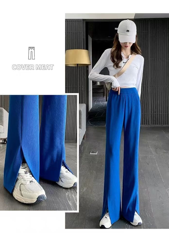 休闲裤女开叉微喇叭拖地修身显腿直筒ins潮百搭阔腿裤垂坠感夏季蓝色
