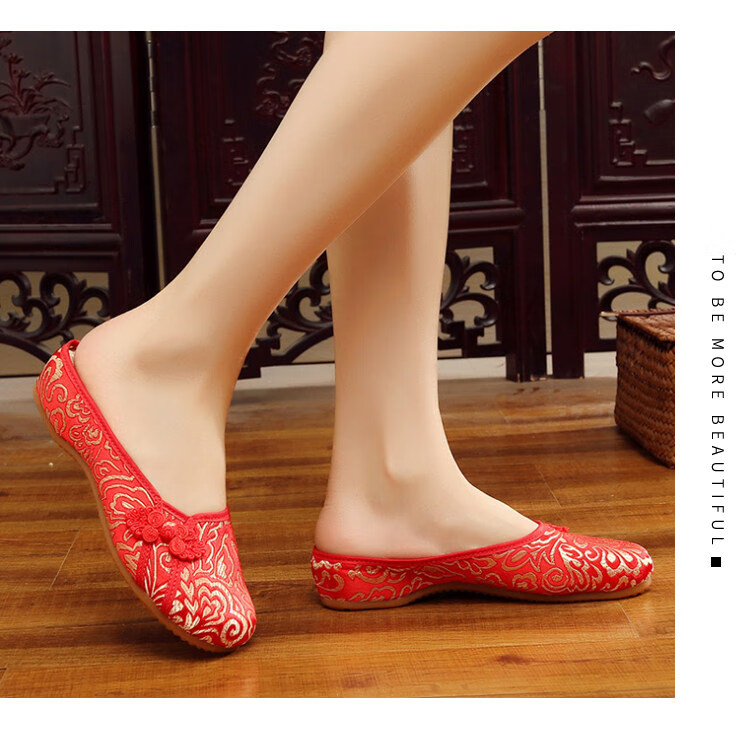 布鞋女牛筋底绣花坡跟民族风盘扣平底拖鞋女单时尚青年汉服 国粹 红头