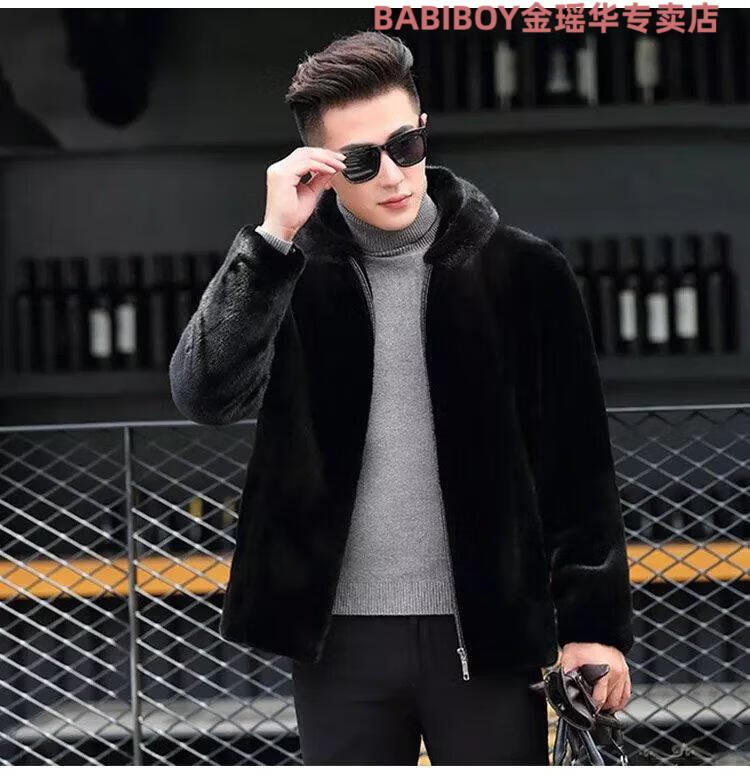 babiboy海宁皮草外套男金貂绒冬貂皮外套男连帽青年雕皮草水貂毛大衣