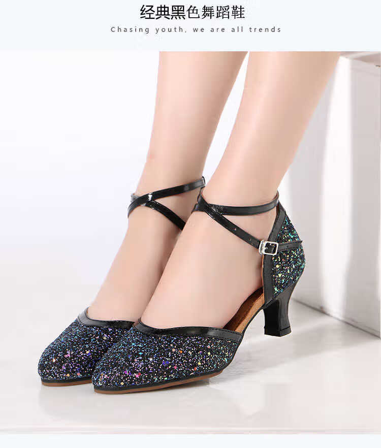 舞蹈鞋女士软底亮片国标交谊舞鞋成跟室外拉丁舞广场舞鞋演出金色3cm