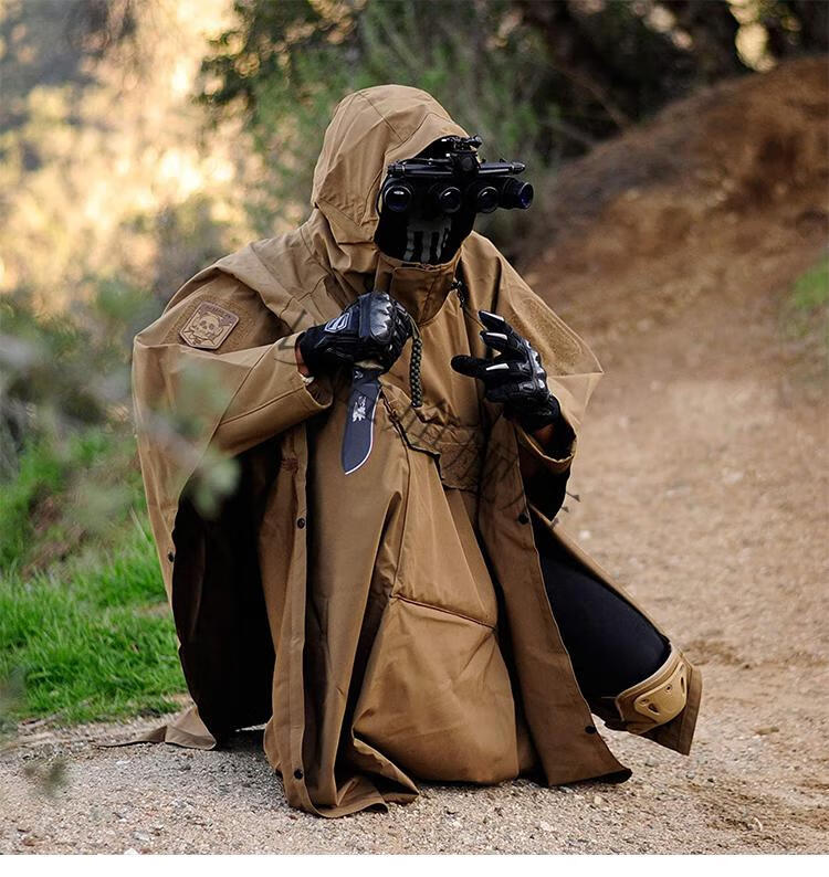户外露营登山徒步雨衣全防水压胶雨具骑行防水斗篷多功能战术雨披 茶