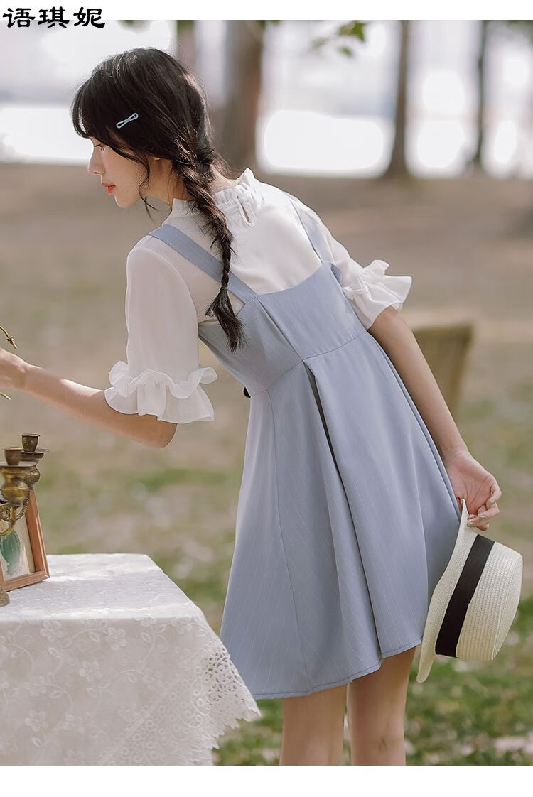 2022年新款初中生高中学生甜美吊带小个子裙连衣裙套装蓝色短袖套装m