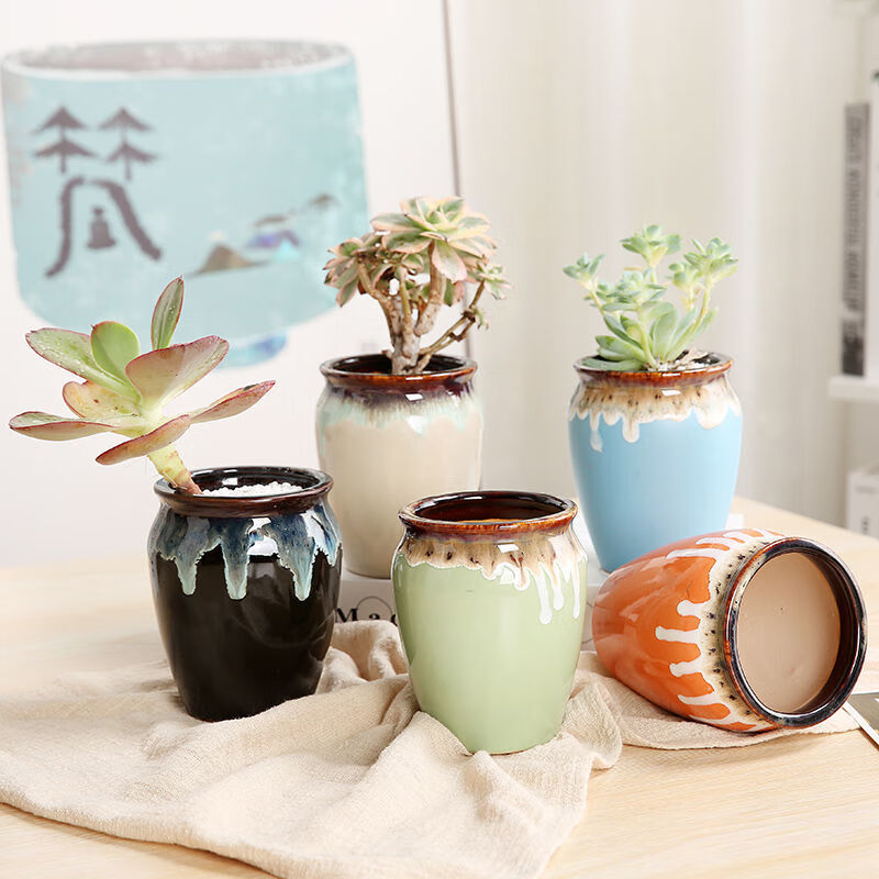 多肉花盆陶瓷肉肉拼盘透气粗陶花盆大号老桩花盆阳台陶土花盆水彩墨a