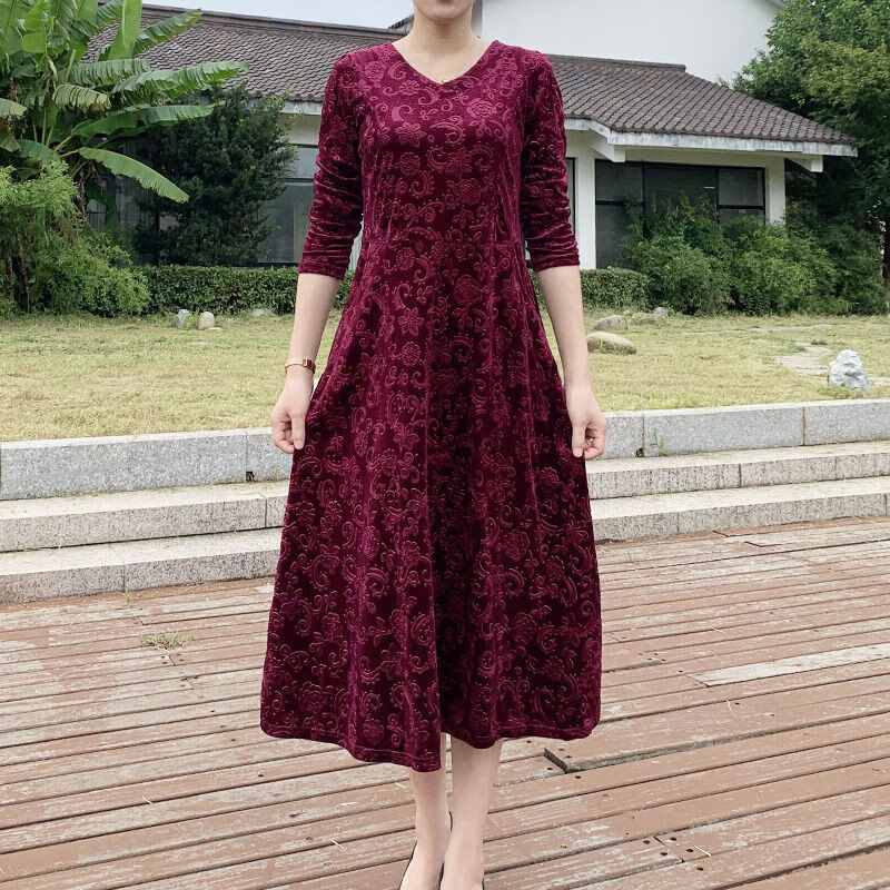 【高品质】【品牌特价】2020新款女装秋款妈妈连衣裙中老年女装金丝中