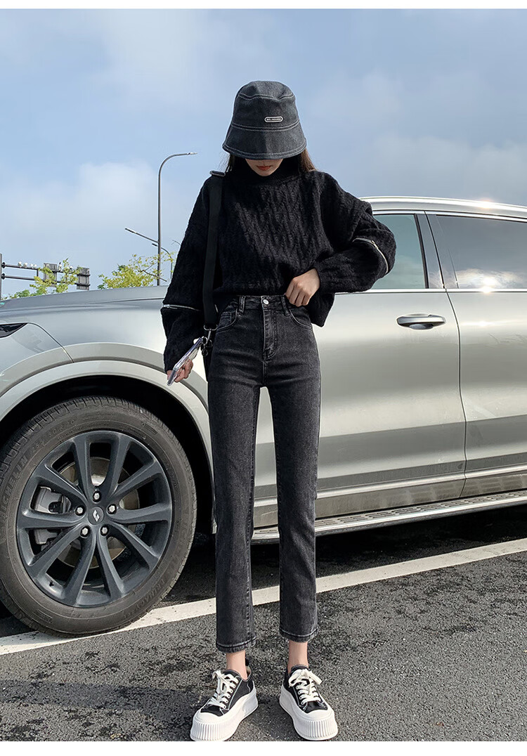 高腰加绒牛仔裤女秋冬烟灰色显瘦显高小直筒弹力烟管牛仔裤黑色九分单