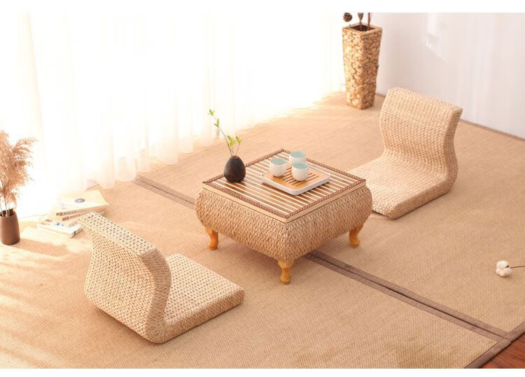 宏科华草编榻榻米日式禅意矮桌飘窗桌子收纳小方桌藤编炕桌阳台茶桌