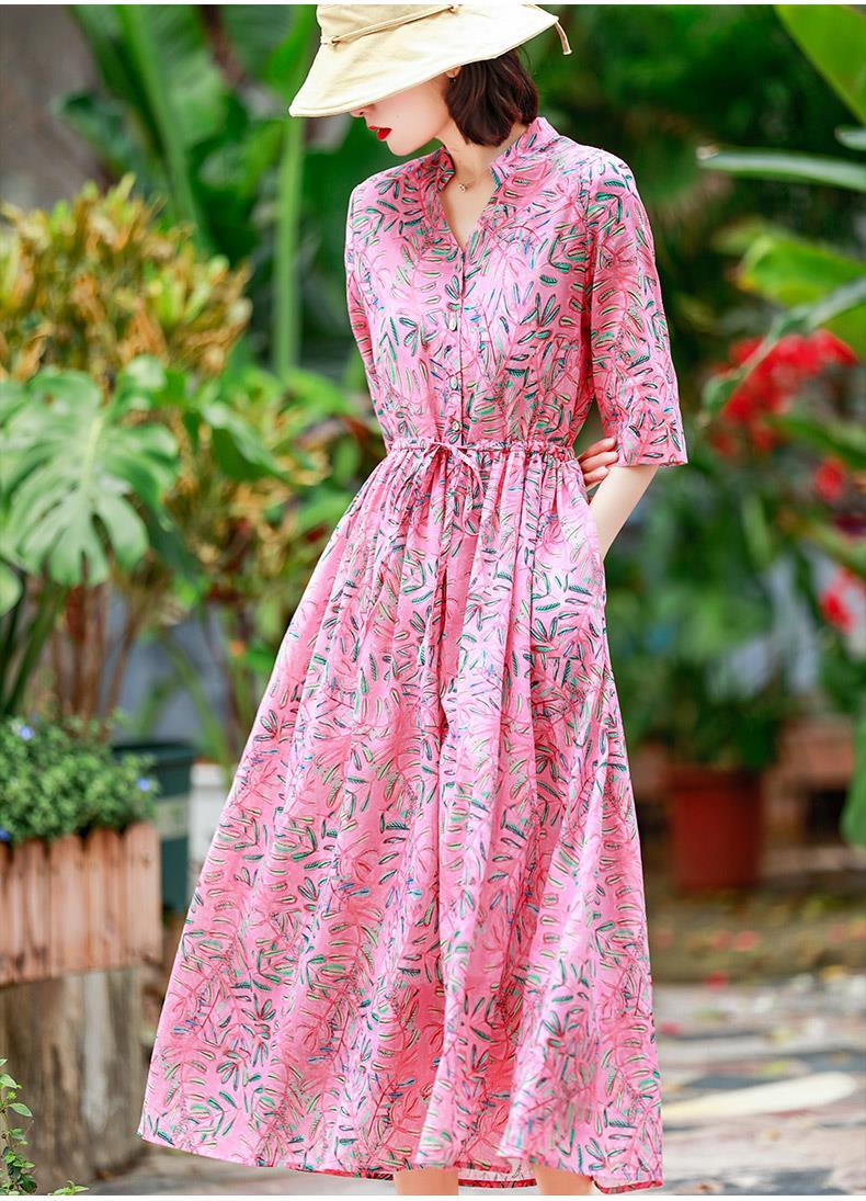 夏装女王轻奢素订棉麻女装连衣裙亚麻高端夏季粉色碎花仿苎麻2020夏