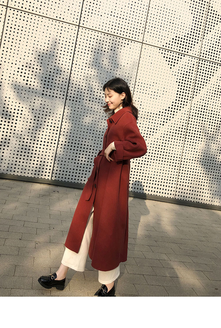 浙江嘉兴濮院羊绒大衣枫叶红色双面呢女结婚秋冬款韩版复古中长款毛呢