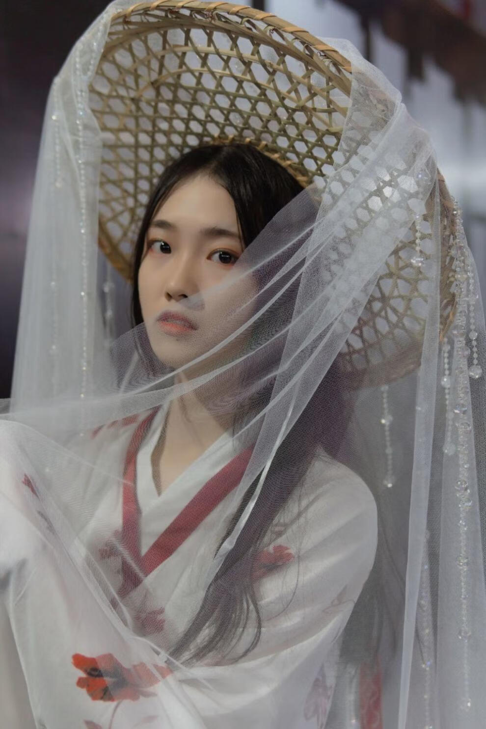 喜圣多新品面纱女古代汉服配饰春时汉服重工水晶帘帷幕武侠古风纱笠