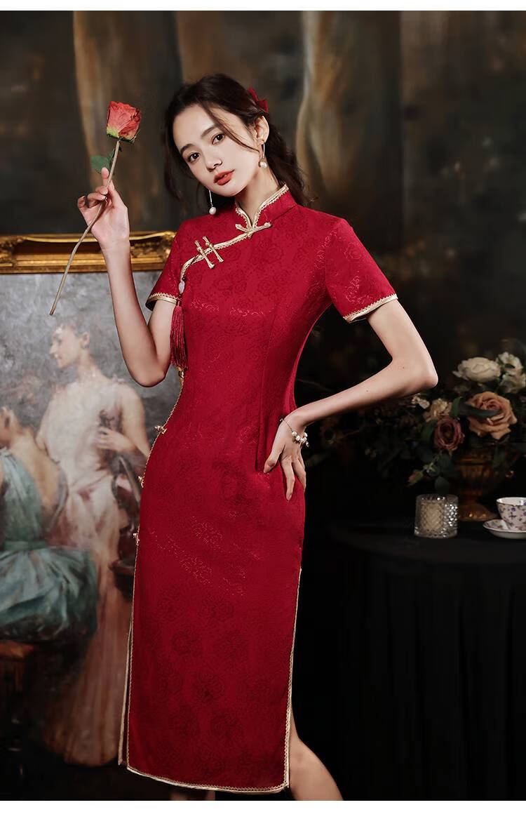 红色旗袍敬酒服2022年新款结婚年轻款新娘夏季蕾丝中式订婚礼服女女士