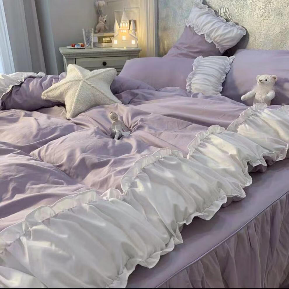 梦美家纺ins温柔风床裙款床单四件套被套春秋季单人床上床品网红水洗