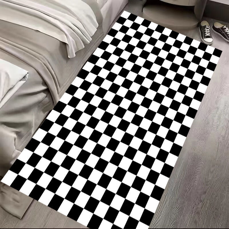 格现代简约ins风摩洛哥复古卧室床边地毯线黑黄格子140200厘米水晶绒