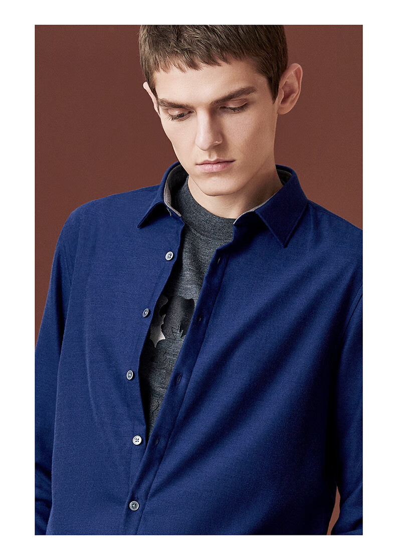 vasto/华斯度磨毛衬衫深蓝男士长袖休闲高端男装牛仔蓝翻领衣服 186蓝