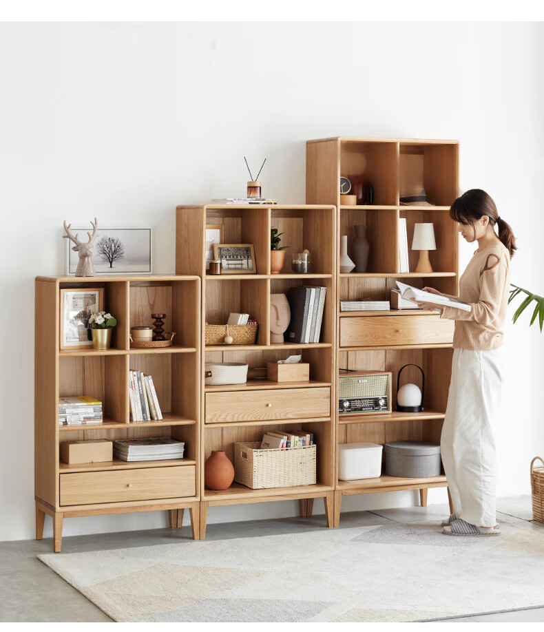 源氏木语实木书柜简约现代橡木组合书橱北欧书房收纳柜客厅置物柜