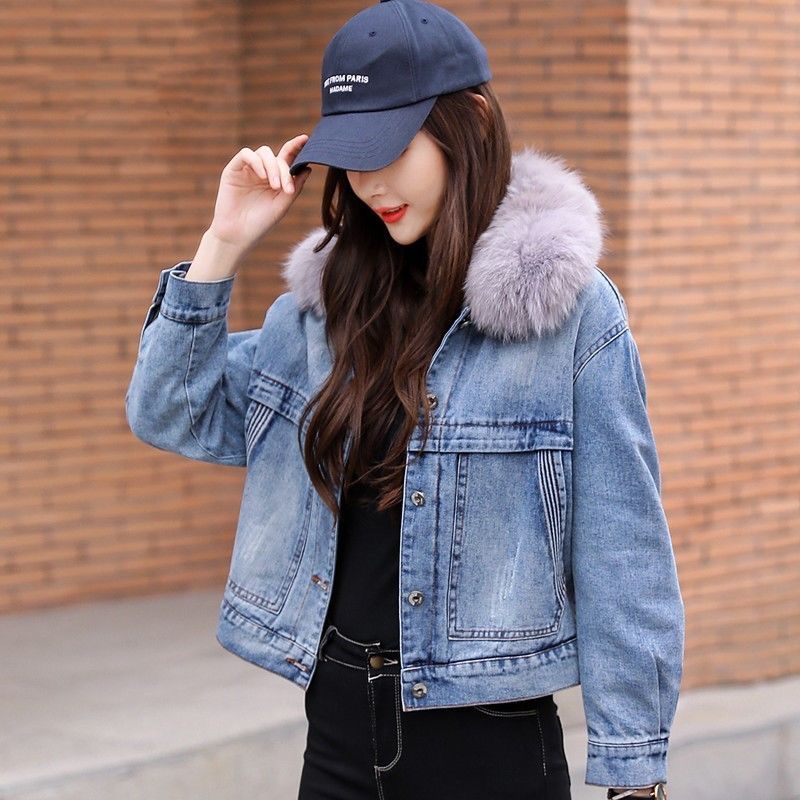 普戈斯加厚牛仔外套女短款秋2020新款韩版小个子保暖棉衣潮蓝色加绒款