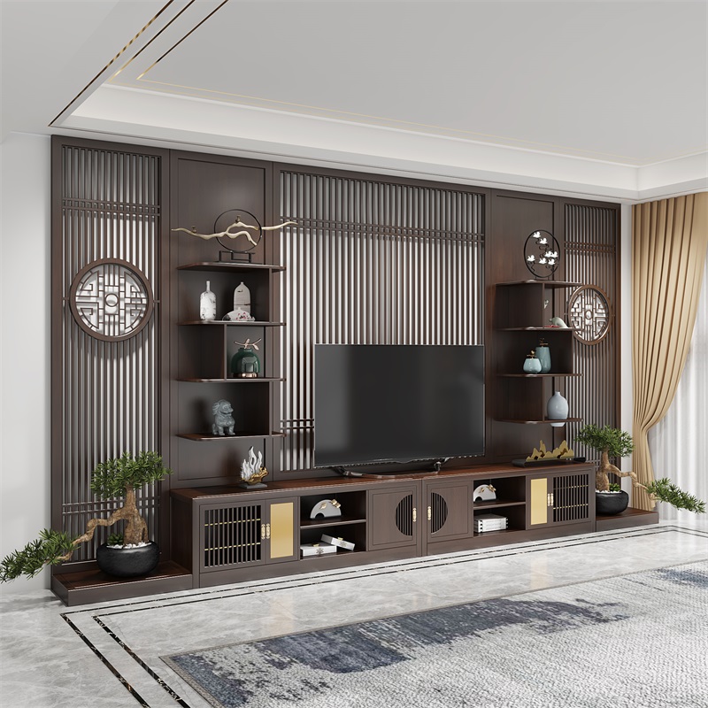实木电视柜一体组合墙柜隔断柜客厅电视机柜现代中式背景墙 屏风定制