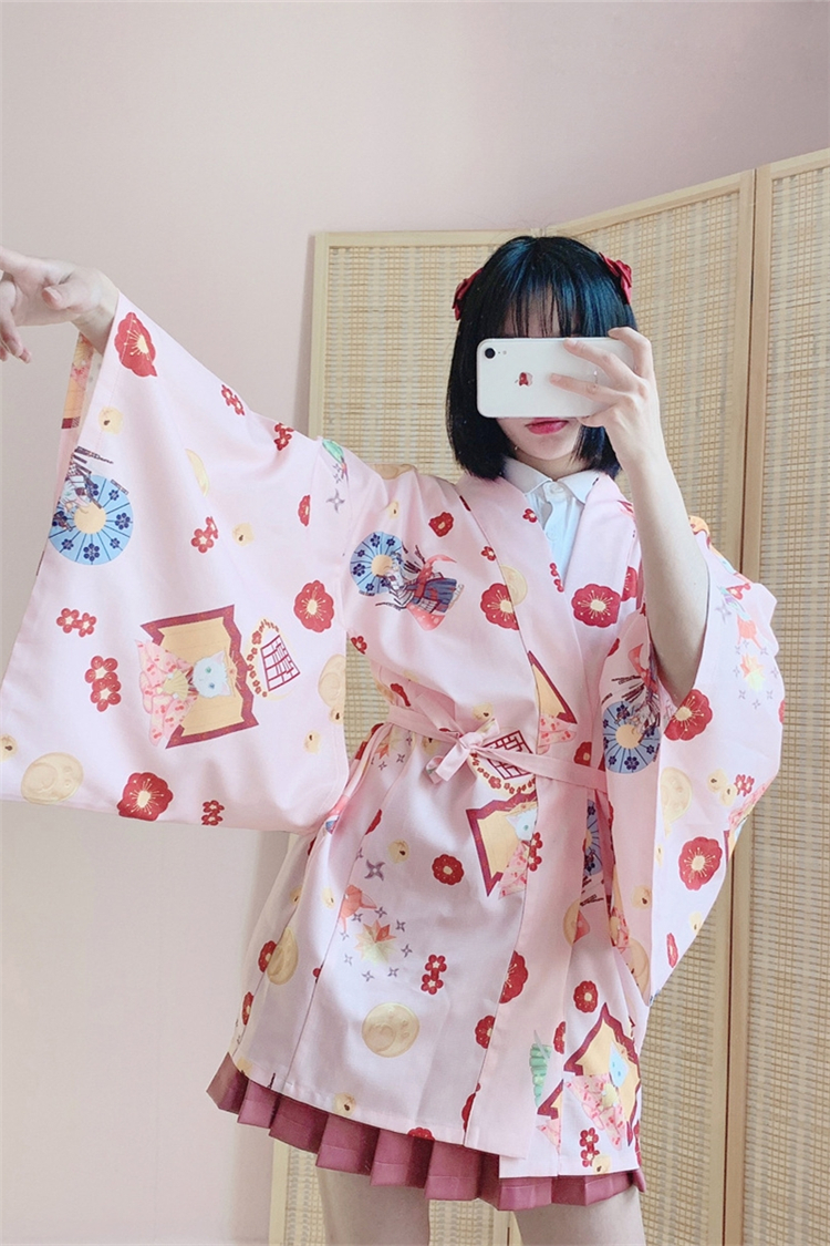 日系软萌妹开衫和服浴衣和风羽织可爱少女晒上衣短外套女酒红羽织均码