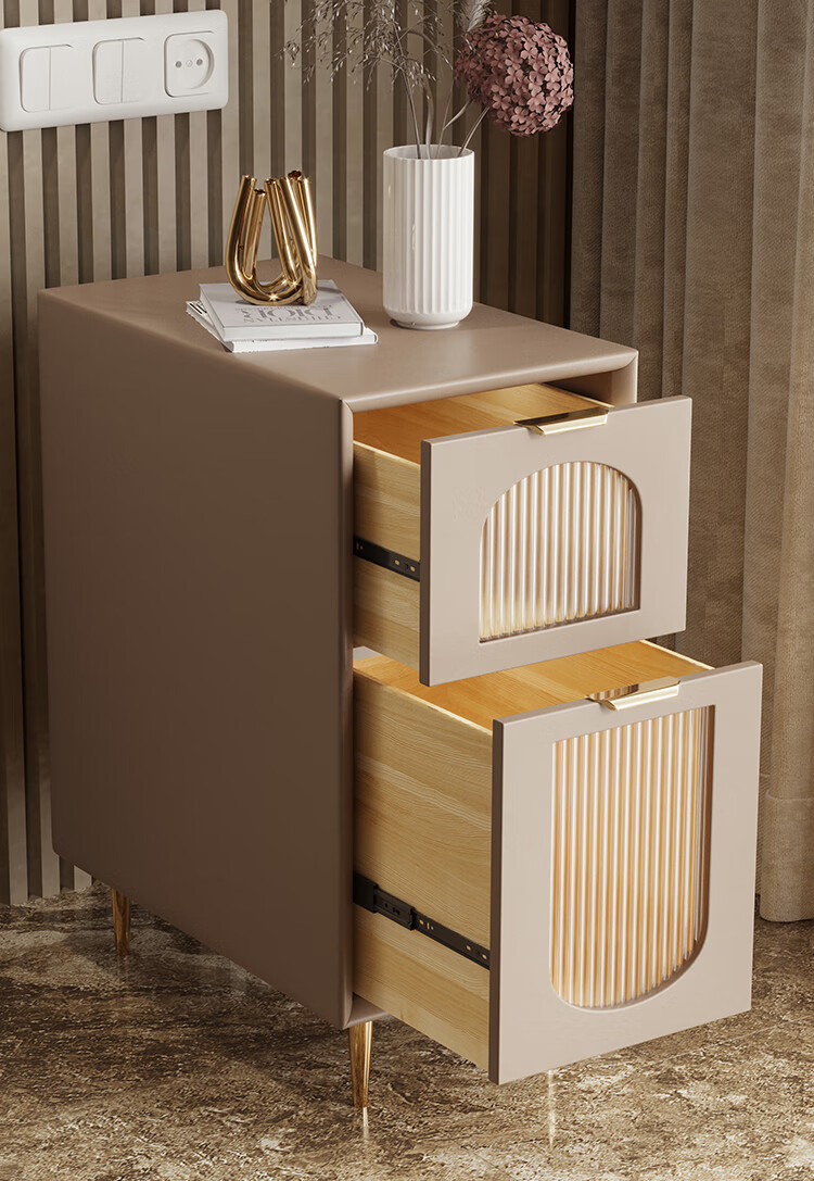 玻璃床头柜现代风简约储物柜木拉提现代轻奢诧寂风小床头柜窄迷你小型