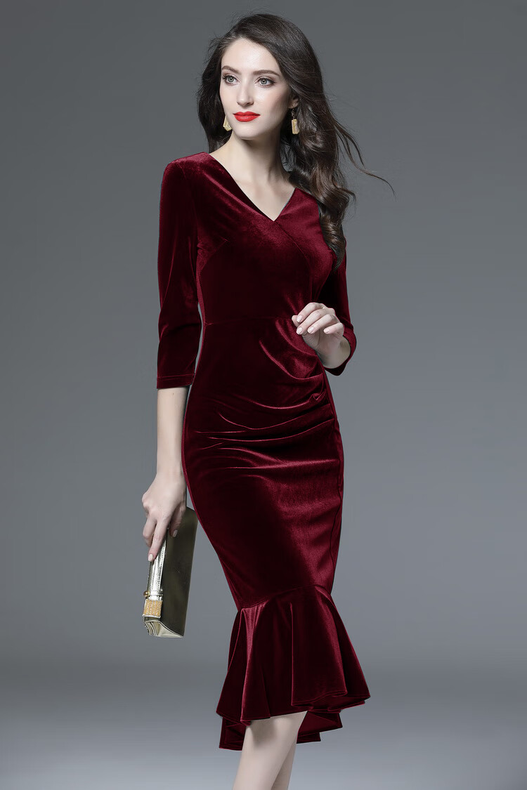 金丝绒连衣裙女2020秋冬季新款大码高贵洋气减龄修身显瘦鱼尾礼服a字