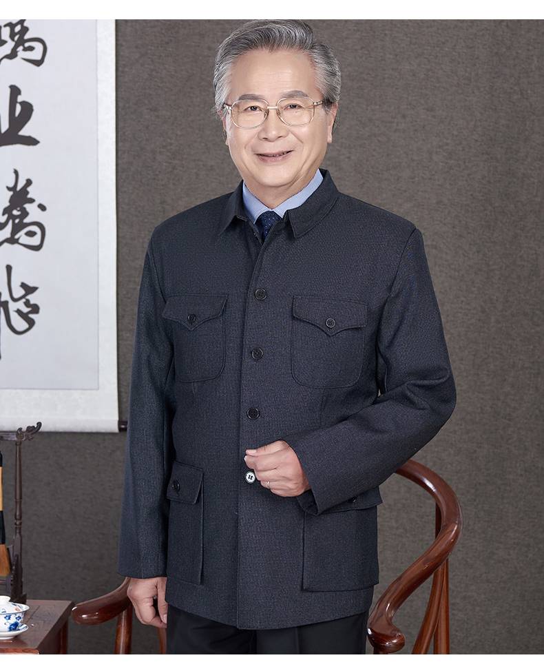 中老年中山装毛料男款民国中山装中老年人男装春秋老人男士服装爷爷