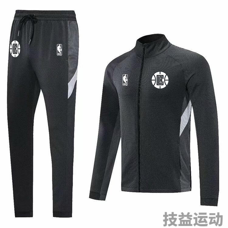 技益nba湖人出场服套装快船热身服青少年篮球训练服开衫外套 深灰色